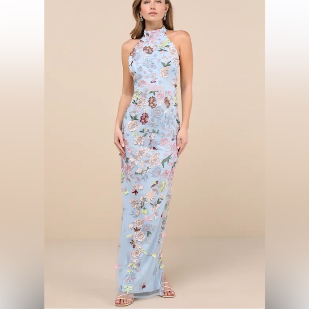 Infinite Praise Blue 3D Floral Embroidered Halter Maxi Dress